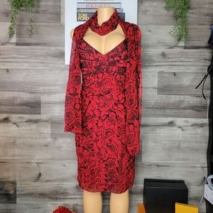 Chetta B Cocktail Dress Size 8 Red Black Sherrie Bloom Peter with scarf ♥️